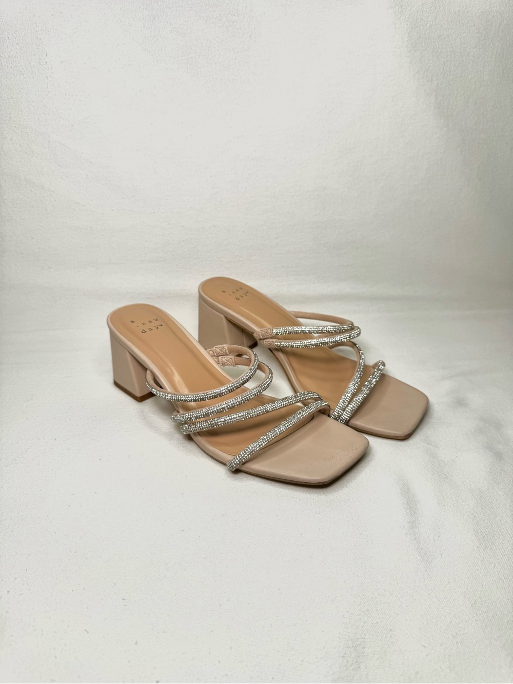 Beige Rhinestone Strappy Block Kitten Heel Sandals